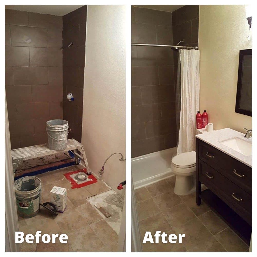 Illustrative before-and-after view of water-damaged materials and a restored interior